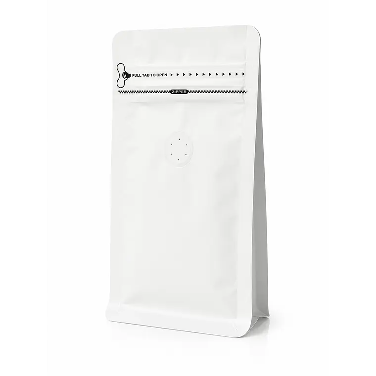 50 Bolsas Doypack 9x18x5 cm Metalizadas color blanco con Válvula para 125 Grs. de Café 2