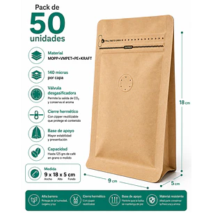 50 Bolsas Doypack 9x18x5 cm Kraft con Aluminio Y Válvula para 125 Grs. de Café
