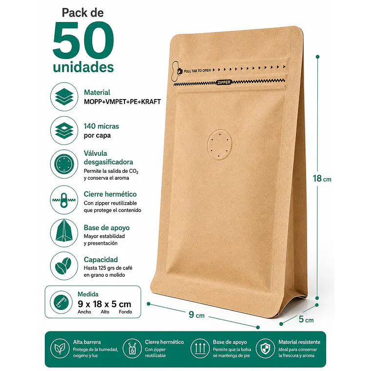 50 Bolsas Doypack 9x18x5 cm Kraft con Aluminio Y Válvula para 125 Grs. de Café 1