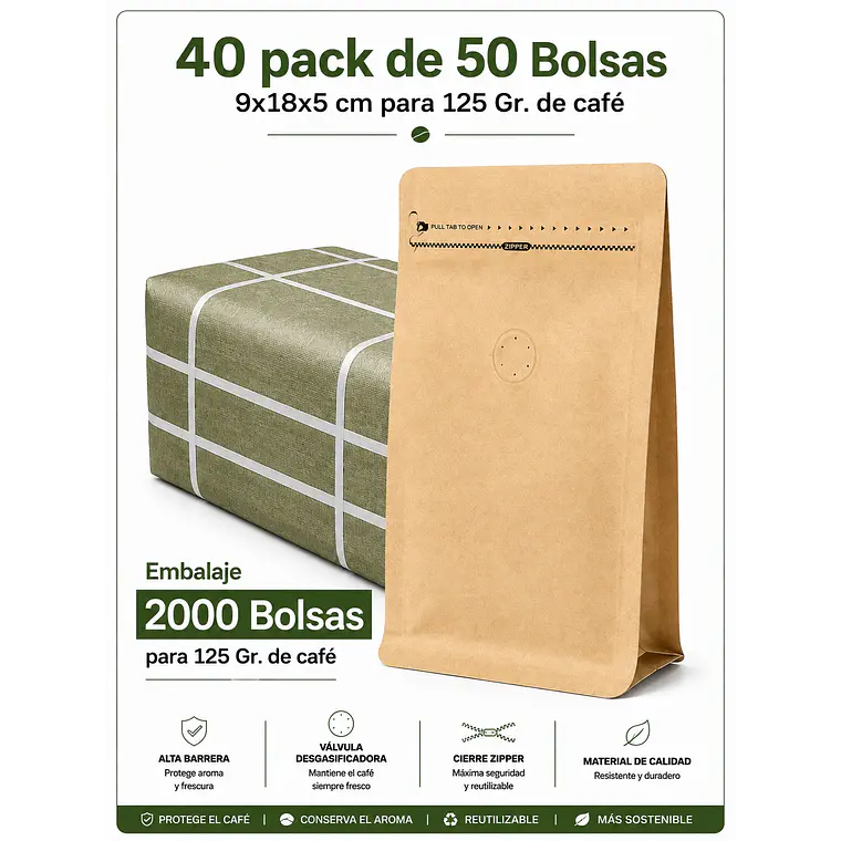 Embalaje 2000 bolsas Kraft con Aluminio para 125 grs. de café 1
