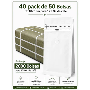 Embalaje 2000 bolsas Metalizadas color Blanco para 125 grs. de café 