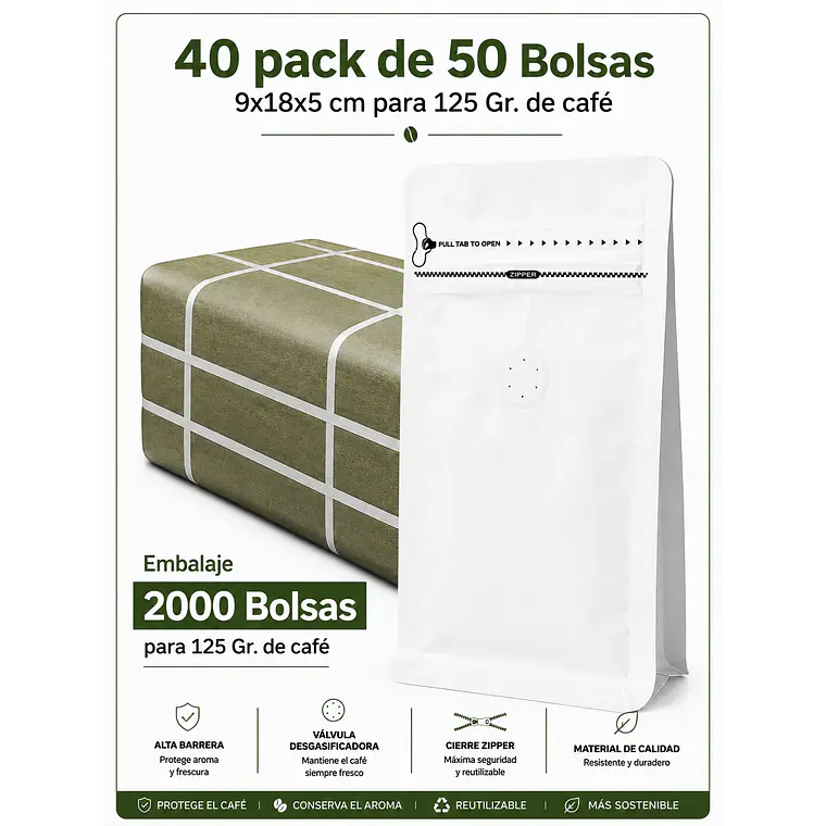 Embalaje 2000 bolsas Metalizadas color Blanco para 125 grs. de café  1