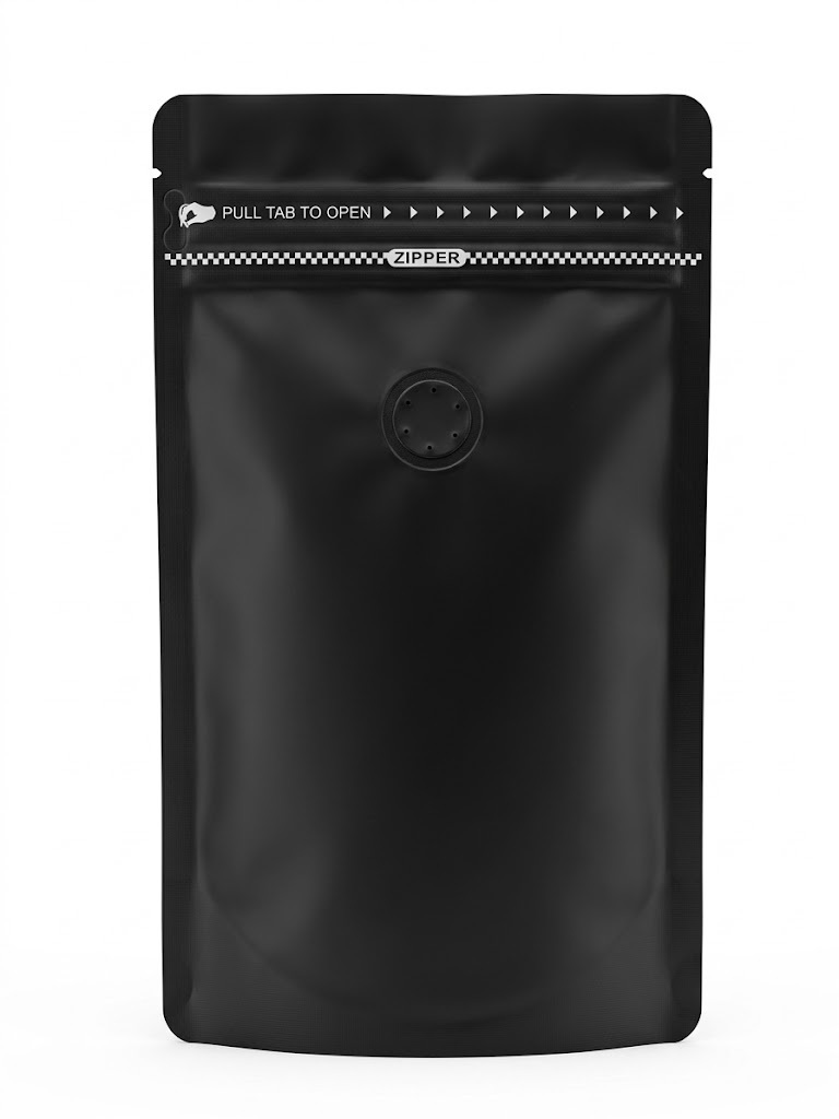 50 Bolsas Doypack 13x21x4 cm Metalizadas color negro con Válvula para 200 Grs. de Café