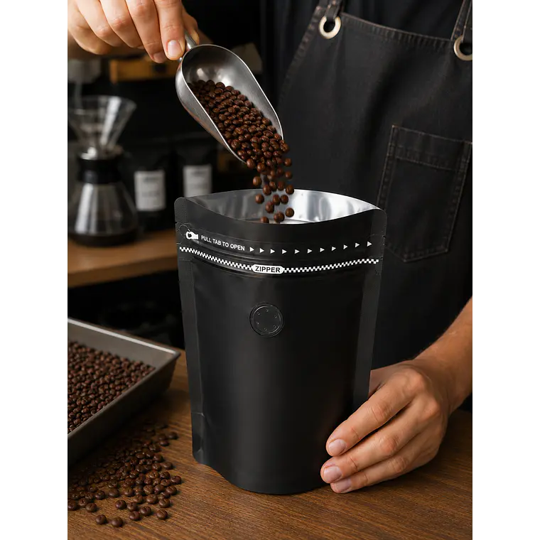 50 Bolsas Doypack 13x21x4 cm Metalizadas color negro con Válvula para 200 Grs. de Café 6