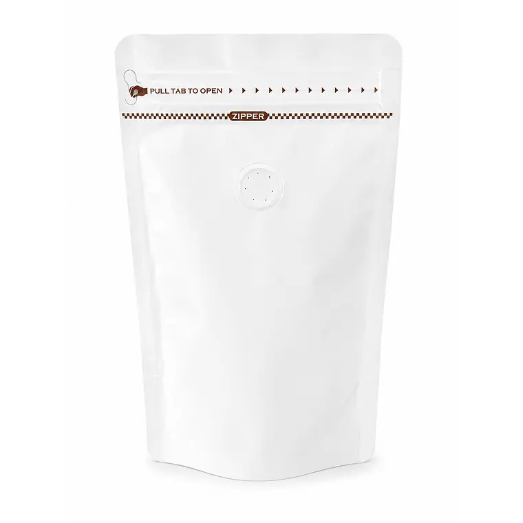 50 Bolsas Doypack 13x21x4 cm Metalizadas color Blanco con Válvula para 200 Grs. de Café 1