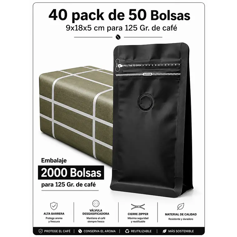 Embalaje 2000 bolsas Metalizadas color Negro para 125 grs. de café 1
