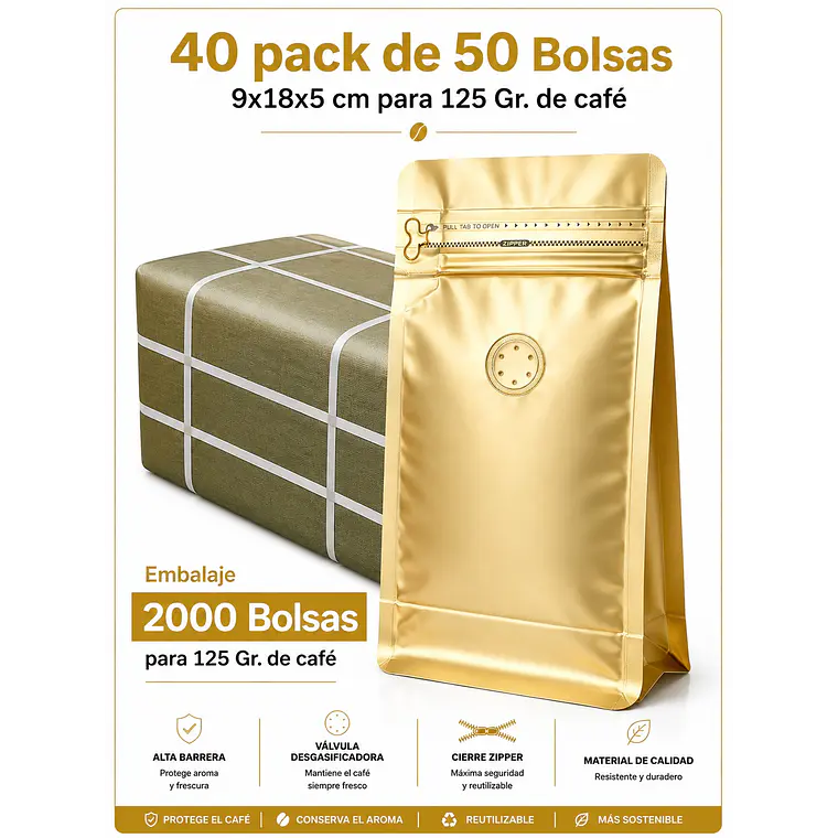 Embalaje 2000 bolsas Metalizadas color Dorado para 125 grs. de café 1