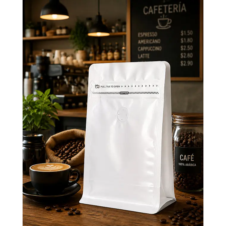 50 Bolsas Doypack 13x20x7 cm Metalizadas Color Blanco con Válvula para 250 Grs. de Café 3