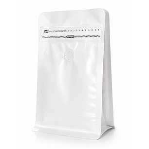50 Bolsas Doypack 13x20x7 cm Metalizadas Color Blanco con Válvula para 250 Grs. de Café