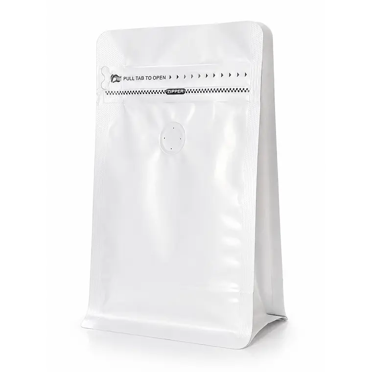 50 Bolsas Doypack 13x20x7 cm Metalizadas Color Blanco con Válvula para 250 Grs. de Café 2