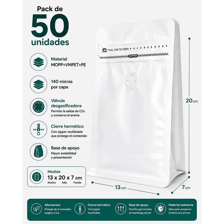 50 Bolsas Doypack 13x20x7 cm Metalizadas Color Blanco con Válvula para 250 Grs. de Café 1