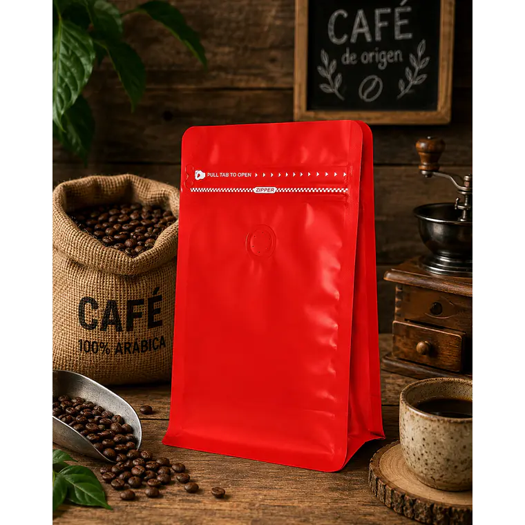 50 Bolsas Doypack 13x20x7 cm Metalizadas Color Rojo con Válvula para 250 Grs. de Café 3