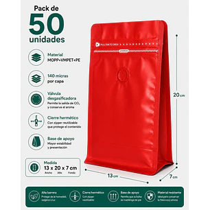 50 Bolsas Doypack 13x20x7 cm Metalizadas Color Rojo con Válvula para 250 Grs. de Café