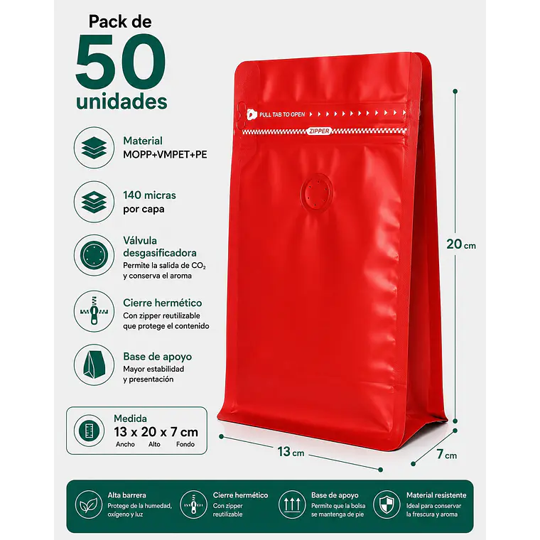 50 Bolsas Doypack 13x20x7 cm Metalizadas Color Rojo con Válvula para 250 Grs. de Café 1