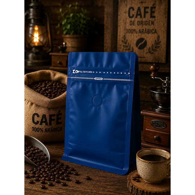 50 Bolsas Doypack 13x20x7 cm Metalizadas Color Azul con Válvula para 250 Grs. de Café 3