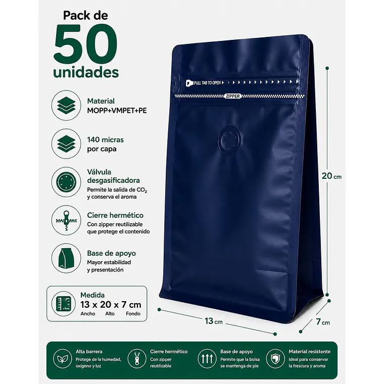 50 Bolsas Doypack 13x20x7 cm Metalizadas Color Azul con Válvula para 250 Grs. de Café 1