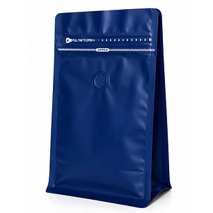 50 Bolsas Doypack 13x20x7 cm Metalizadas Color Azul con Válvula para 250 Grs. de Café