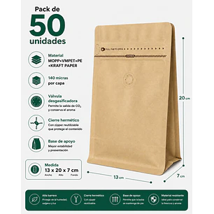 50 Bolsas Doypack 13x20x7 cm Kraft con Aluminio y Válvula para 250 Grs. de Café