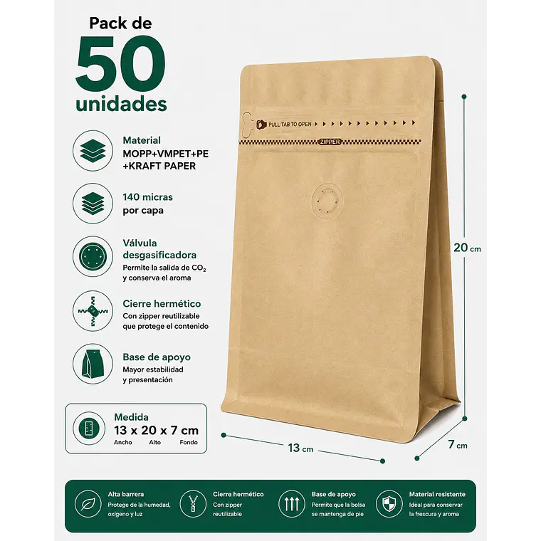 50 Bolsas Doypack 13x20x7 cm Kraft con Aluminio y Válvula para 250 Grs. de Café 1