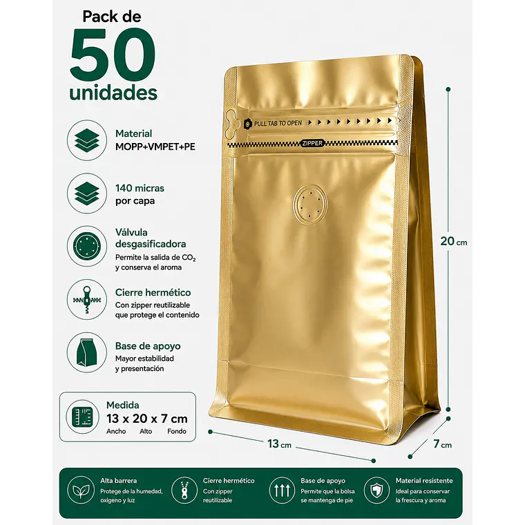 50 Bolsas Doypack 13x20x7 cm Metalizadas Color Dorado con Válvula para 250 Grs. de Café 1