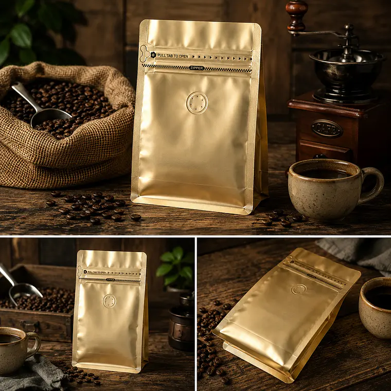 50 Bolsas Doypack 13x20x7 cm Metalizadas Color Dorado con Válvula para 250 Grs. de Café 3