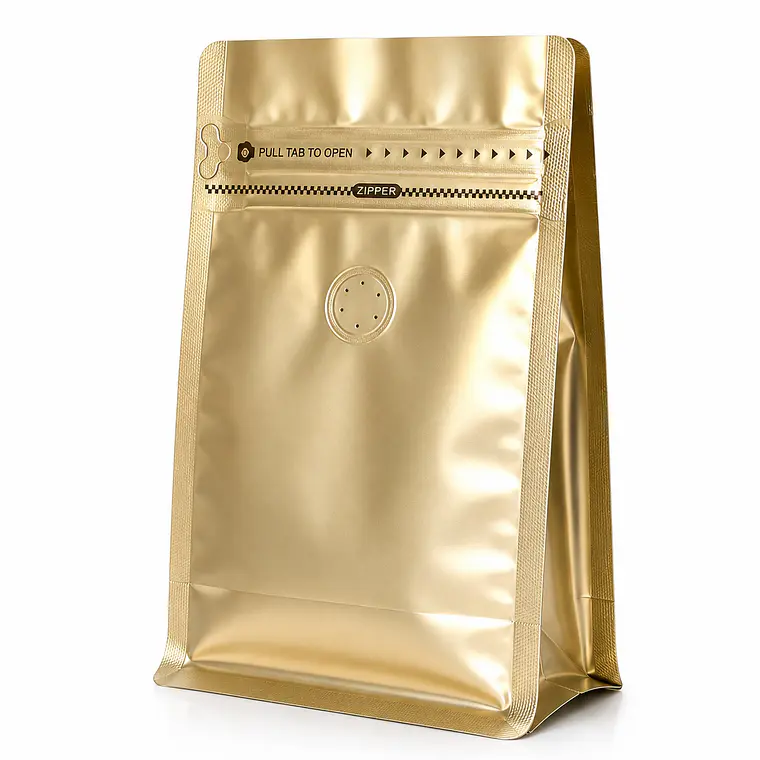 50 Bolsas Doypack 13x20x7 cm Metalizadas Color Dorado con Válvula para 250 Grs. de Café 2