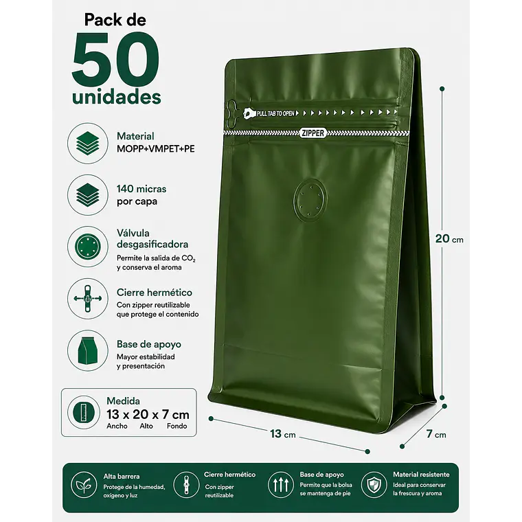 50 Bolsas Doypack 13x20x7 cm Metalizadas Color Verde con Válvula para 250 Grs. de Café 1
