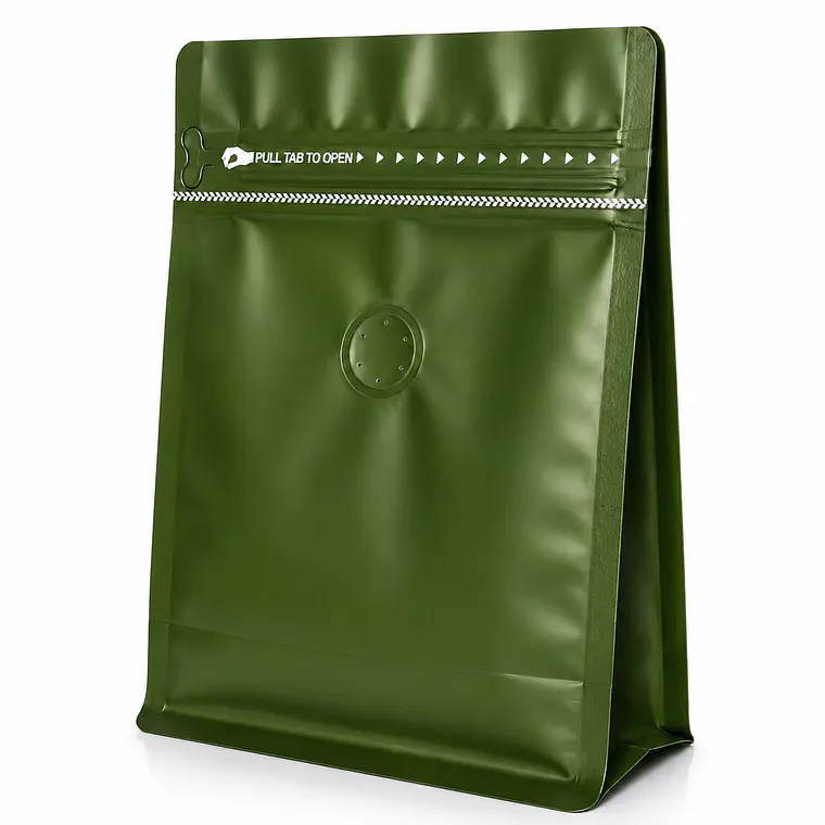 50 Bolsas Doypack 13x20x7 cm Metalizadas Color Verde con Válvula para 250 Grs. de Café 2