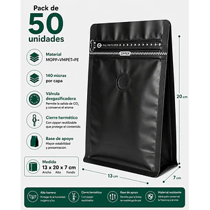 50 Bolsas Doypack 13x20x7 cm Metalizadas Color Negro con Válvula para 250 Grs. de Café