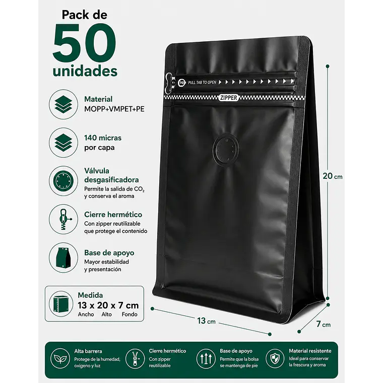 50 Bolsas Doypack 13x20x7 cm Metalizadas Color Negro con Válvula para 250 Grs. de Café 2