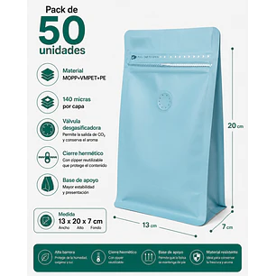 50 Bolsas Doypack 13x20x7 cm Metalizadas Color Celeste con Válvula para 250 Grs. de Café