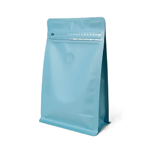 50 Bolsas Doypack 13x20x7 cm Metalizadas Color Celeste con Válvula para 250 Grs. de Café