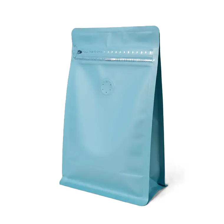 50 Bolsas Doypack 13x20x7 cm Metalizadas Color Celeste con Válvula para 250 Grs. de Café 2