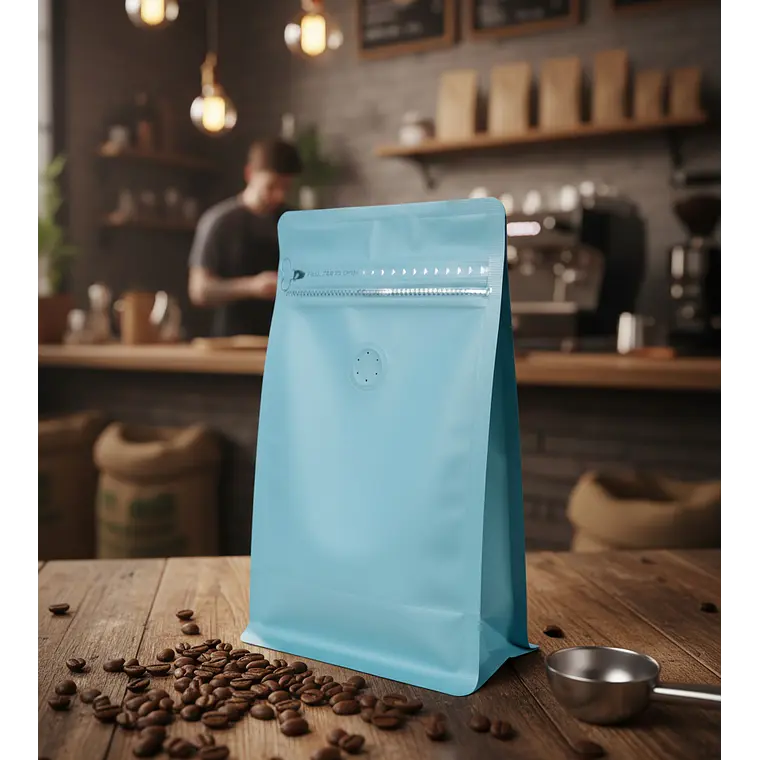 50 Bolsas Doypack 13x20x7 cm Metalizadas Color Celeste con Válvula para 250 Grs. de Café 3