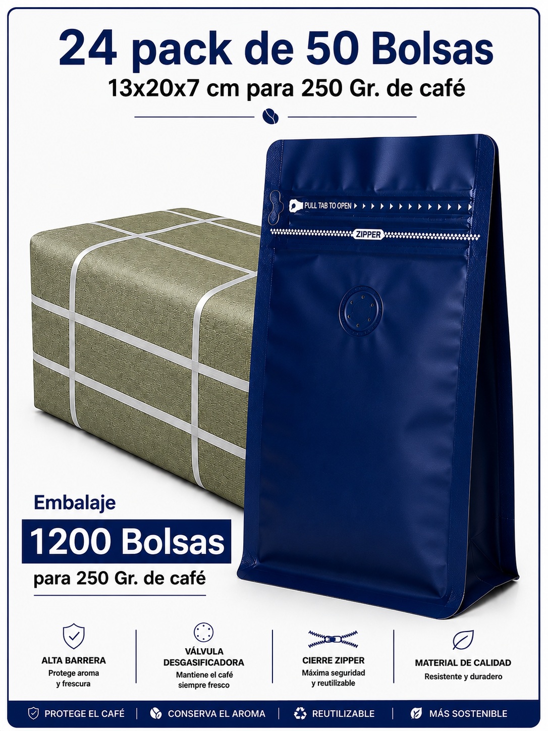 Embalaje 1200 Bolsas Metalizadas Color Azul 13x20x7 cm para 250 Grs. de Café