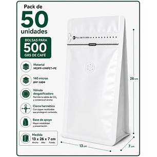 50 Bolsas Doypack 13x26x7 cm Metalizadas Color Blanco con Válvula para 500 Grs. de Café