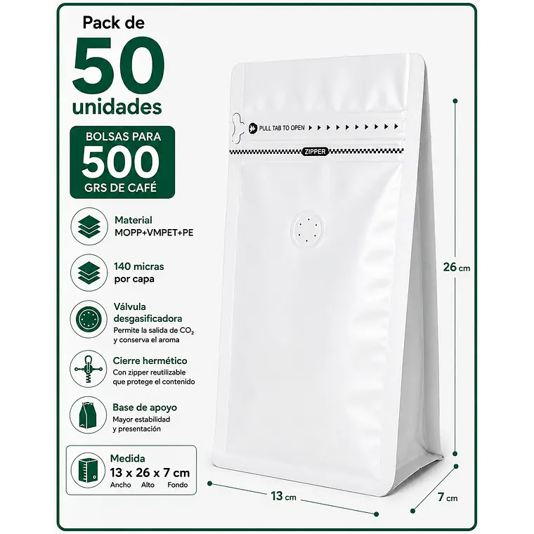 50 Bolsas Doypack 13x26x7 cm Metalizadas Color Blanco con Válvula para 500 Grs. de Café 1