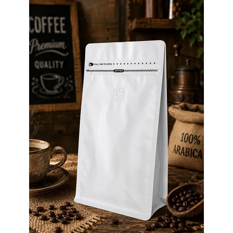 50 Bolsas Doypack 13x26x7 cm Metalizadas Color Blanco con Válvula para 500 Grs. de Café 3