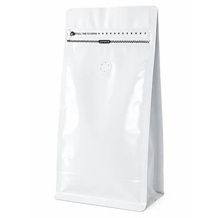50 Bolsas Doypack 13x26x7 cm Metalizadas Color Blanco con Válvula para 500 Grs. de Café