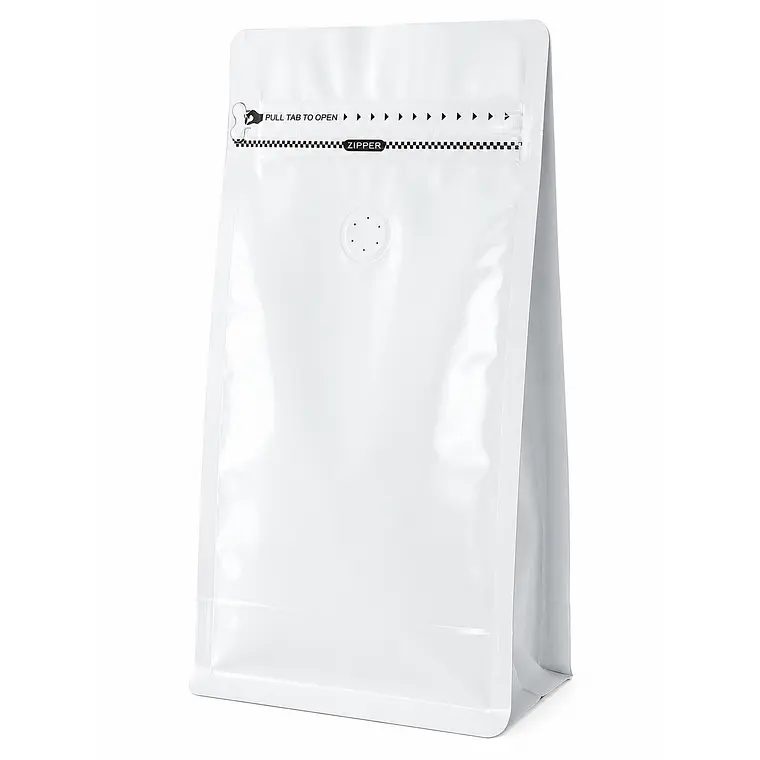 50 Bolsas Doypack 13x26x7 cm Metalizadas Color Blanco con Válvula para 500 Grs. de Café 2