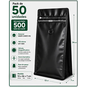 50 Bolsas Doypack 13x26x7 cm Metalizadas Color Negro con Válvula para 500 Grs. de Café