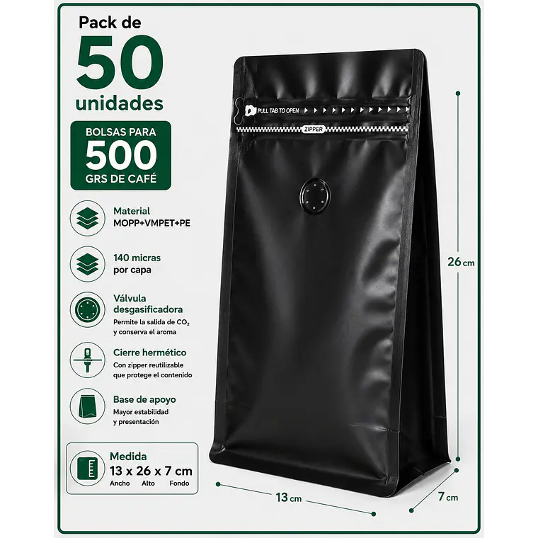 50 Bolsas Doypack 13x26x7 cm Metalizadas Color Negro con Válvula para 500 Grs. de Café 1
