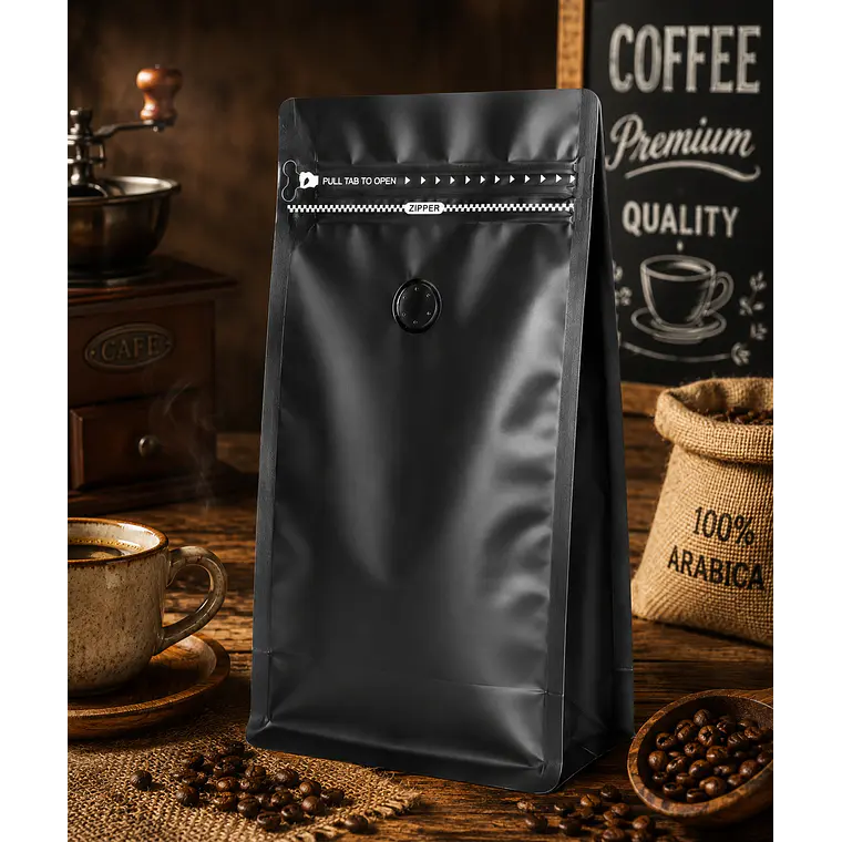 50 Bolsas Doypack 13x26x7 cm Metalizadas Color Negro con Válvula para 500 Grs. de Café 3