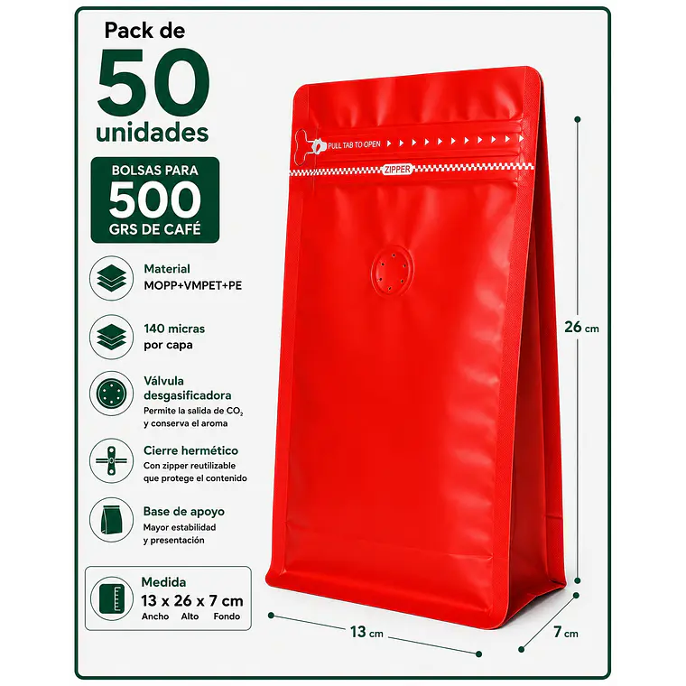 50 Bolsas Doypack 13x26x7 cm Metalizadas Color Rojo con Válvula para 500 Grs. de Café 1