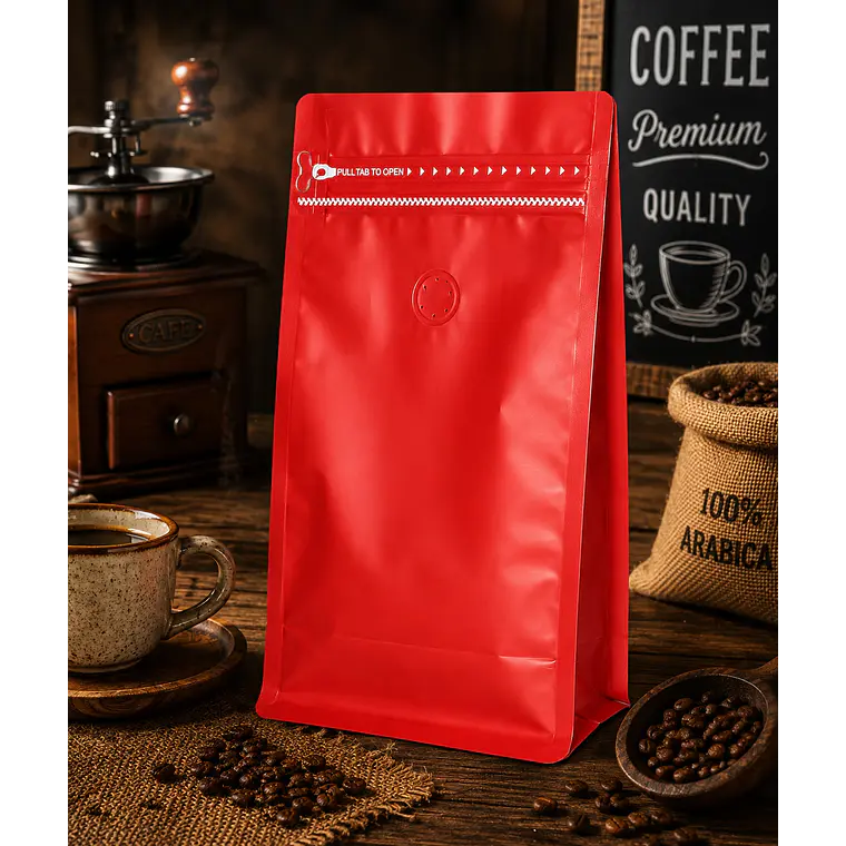 50 Bolsas Doypack 13x26x7 cm Metalizadas Color Rojo con Válvula para 500 Grs. de Café 3