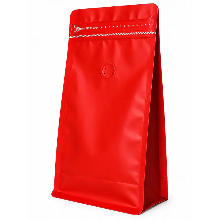 50 Bolsas Doypack 13x26x7 cm Metalizadas Color Rojo con Válvula para 500 Grs. de Café 2
