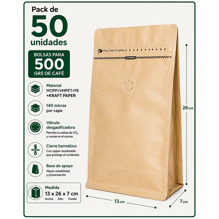 50 Bolsas Doypack 13x26x7 cm Kraft con Aluminio con Válvula para 500 Grs. de Café 1