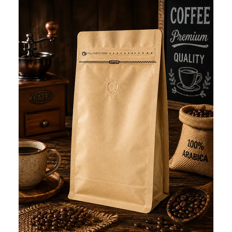 50 Bolsas Doypack 13x26x7 cm Kraft con Aluminio con Válvula para 500 Grs. de Café 3