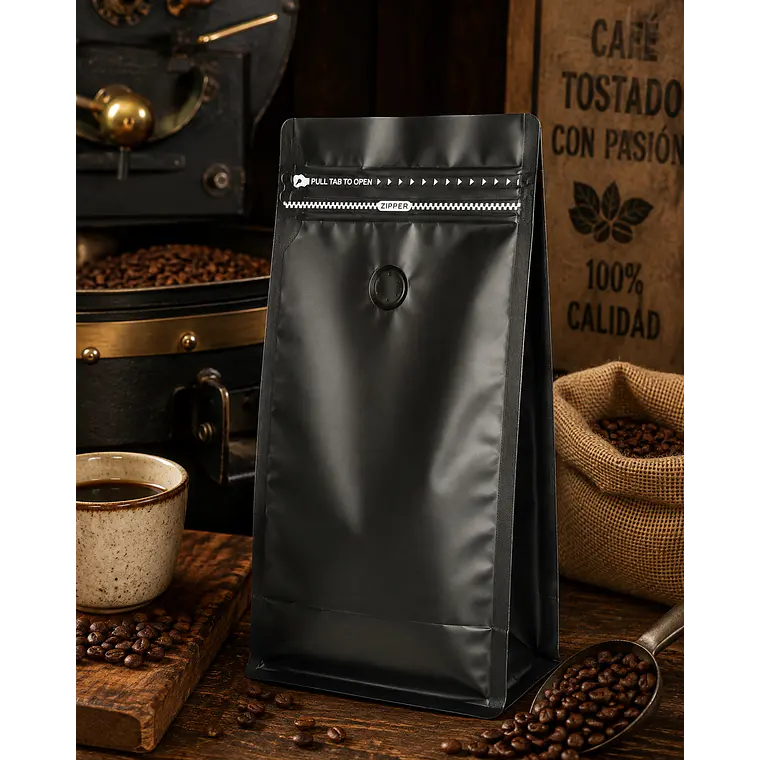 50 Bolsas Doypack 15x32x9,5 cm Metalizadas Color Negro con Válvula para 1 Kg de Café 4