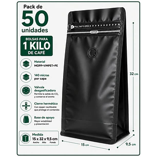 50 Bolsas Doypack 15x32x9,5 cm Metalizadas Color Negro con Válvula para 1 Kg de Café